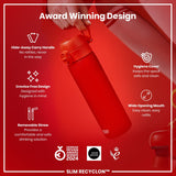 A red water bottle is being held. Its features include a hide-away handle, crevice-free design, hygiene cover, removable straw, and wide mouth. Awards won are highlighted.