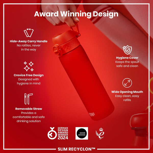 A red water bottle is being held. Its features include a hide-away handle, crevice-free design, hygiene cover, removable straw, and wide mouth. Awards won are highlighted.