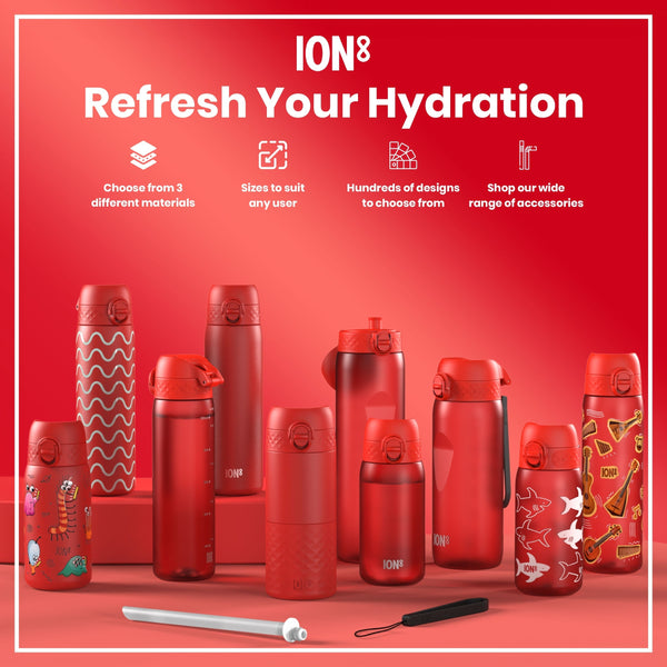 Several red ION8 water bottles, varying in size and design, are displayed on a red surface. Refresh Your Hydration. Choose from 3 different materials. Sizes to suit any user. Hundreds of designs to choose from. Shop our wide range of accessories.