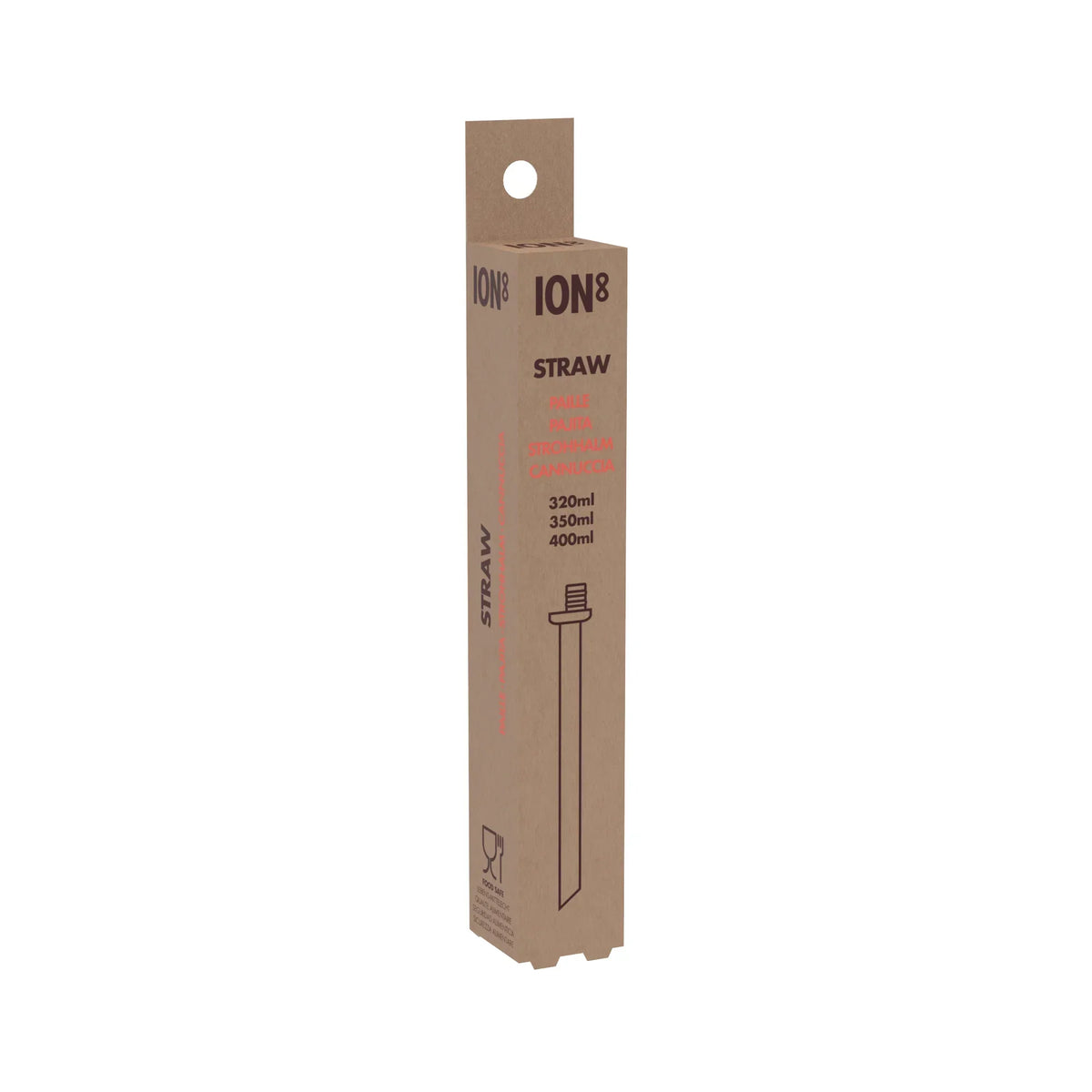 Cardboard box labeled ION8 STRAW contains straw, illustrated with text in multiple languages and specifications of 320ml, 350ml, 400ml, against a white background