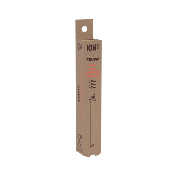 Cardboard box labeled ION8 STRAW contains straw, illustrated with text in multiple languages and specifications of 320ml, 350ml, 400ml, against a white background
