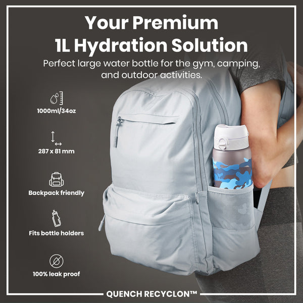 A 1L water bottle fits inside a grey backpack's side pocket; it's advertised as perfect for gym, camping, and outdoor use; it's 1000ml/34oz, 287 x 81 mm, backpack-friendly, fits bottle holders, and is leak-proof. QUENCH RECYCLON™ is also visible.