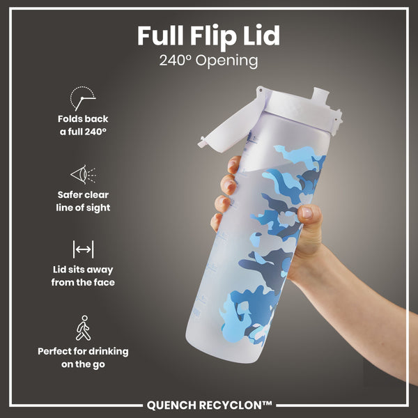 A water bottle with a full flip lid, is being held, against a gray background. The lid folds back 240°. The bottle features a blue and gray camouflage design, and the text “QUENCH RECYCLON™” is visible.