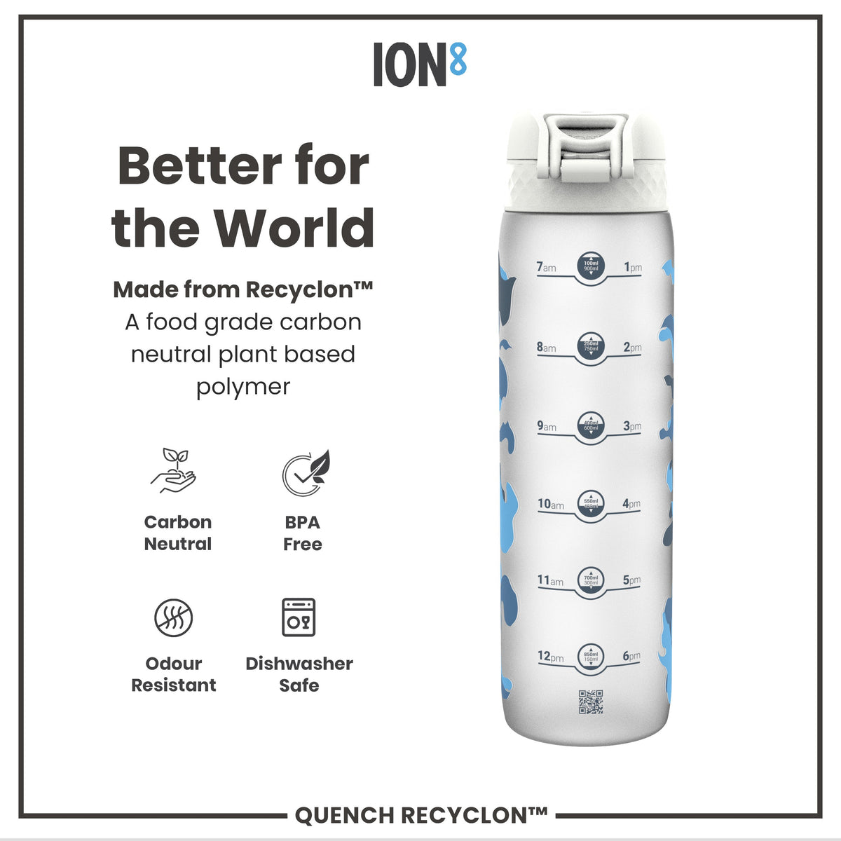 A water bottle sits against a white background. It displays hourly water intake markers and is made from a plant-based polymer. The bottle is advertised as carbon neutral, BPA-free, odour resistant and dishwasher safe. "Better for the World," "Made from Recyclon™," and "Quench Recyclon™" are also shown.