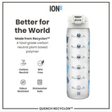A water bottle sits against a white background. It displays hourly water intake markers and is made from a plant-based polymer. The bottle is advertised as carbon neutral, BPA-free, odour resistant and dishwasher safe. 