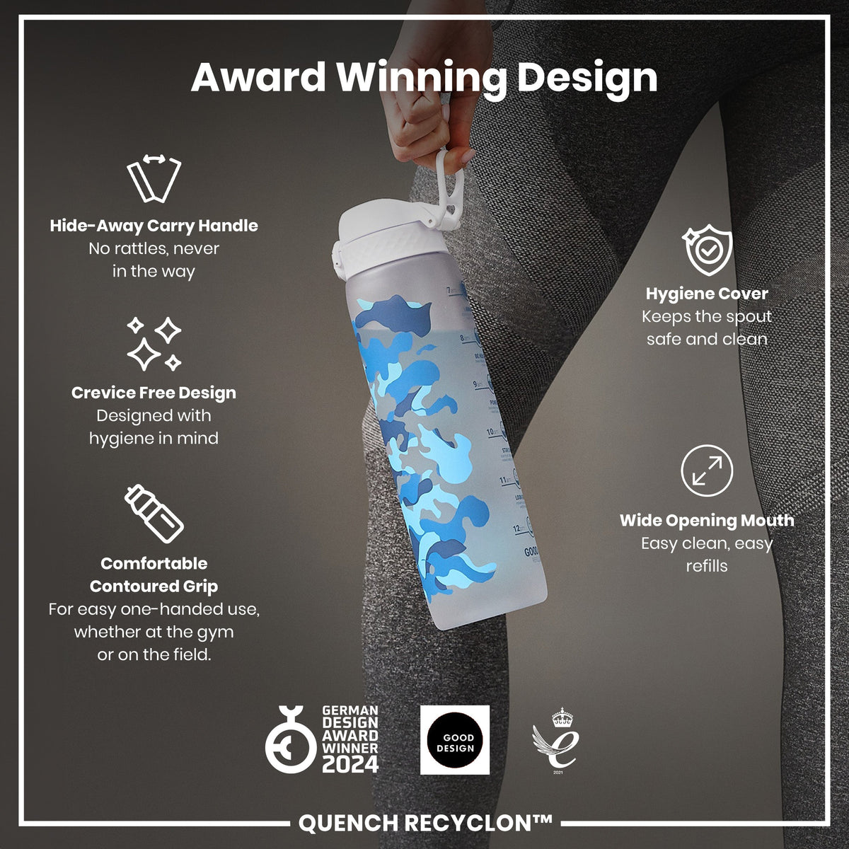 A person holds a water bottle; it has a camouflage pattern and multiple features for easy use and hygiene. Award-winning design. QUENCH RECYCLON™.