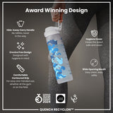 A person holds a water bottle; it has a camouflage pattern and multiple features for easy use and hygiene. Award-winning design. QUENCH RECYCLON™.