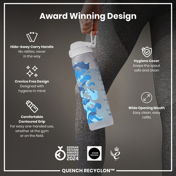 A person holds a water bottle; it has a camouflage pattern and multiple features for easy use and hygiene. Award-winning design. QUENCH RECYCLON™.