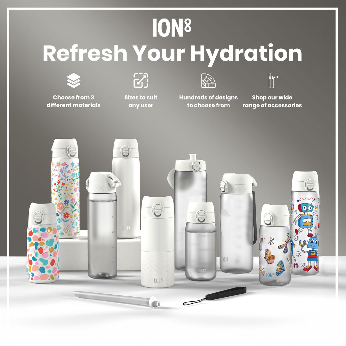 Various ION8 water bottles, in different sizes and designs, are displayed on a white surface; a marketing image.