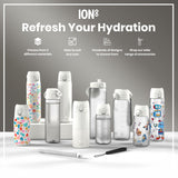 Various ION8 water bottles, in different sizes and designs, are displayed on a white surface; a marketing image.