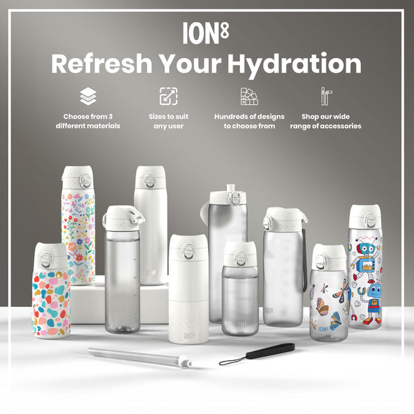 Various ION8 water bottles, in different sizes and designs, are displayed on a white surface; a marketing image.
