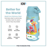 A light-blue stainless steel water bottle, featuring cartoon animals, sits against a white background. It's advertised as durable, recyclable, odour-resistant, and dishwasher-safe. The bottle's brand is ION8.