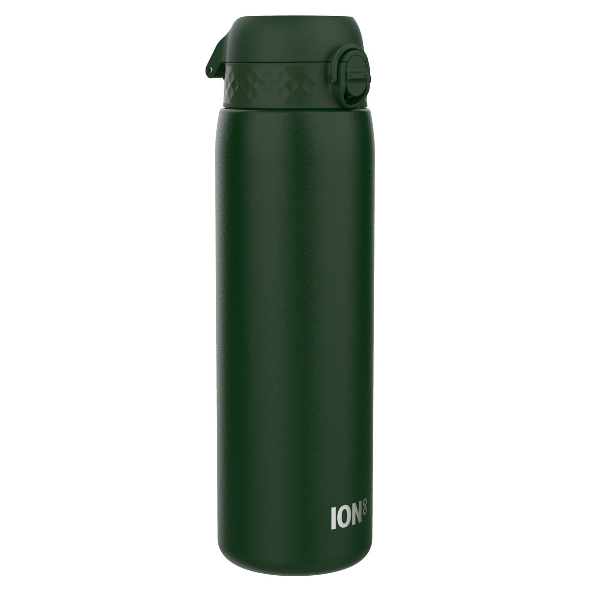 A dark-green ION8 water bottle stands upright against a white background. The bottle has a dark-green screw-top lid.