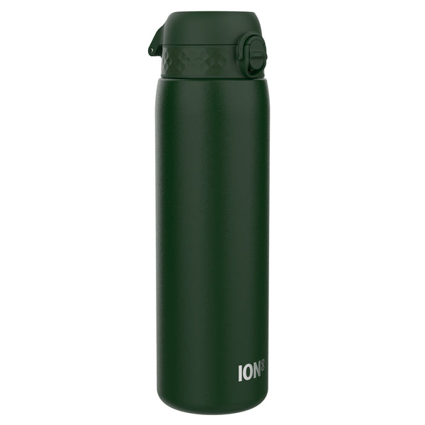 A dark-green ION8 water bottle stands upright against a white background. The bottle has a dark-green screw-top lid.