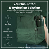 A dark-green, 1L insulated water bottle is being carried in a backpack's side pocket; the bottle keeps drinks cold for hours and is 100% leak-proof, ideal for gym, camping, and outdoor activities.