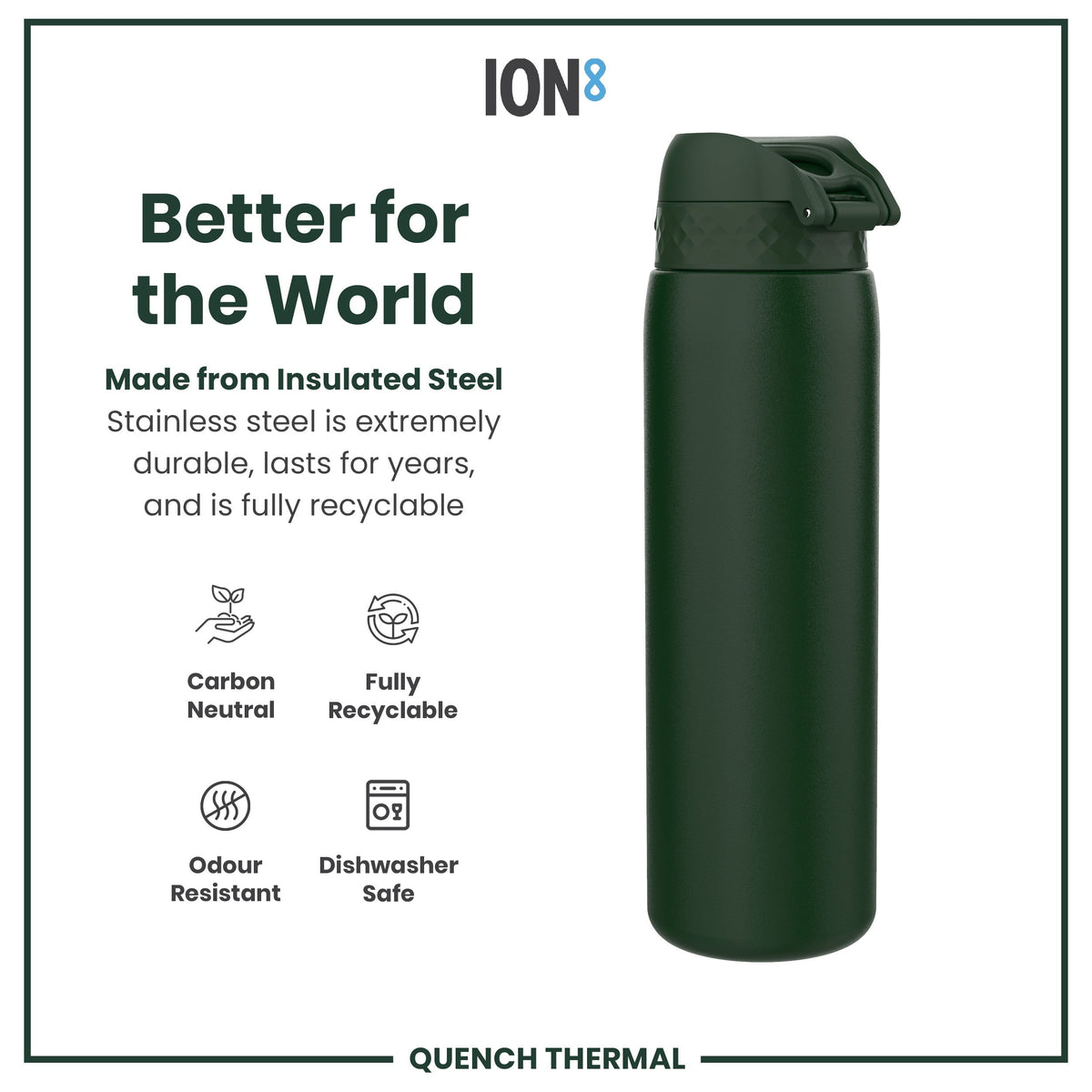 A dark-green insulated steel water bottle stands against a white background. It is made from recyclable, durable material. The bottle is described as carbon neutral, odour resistant, and dishwasher safe.
