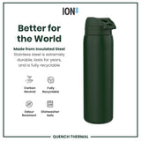 A dark-green insulated steel water bottle stands against a white background. It is made from recyclable, durable material. The bottle is described as carbon neutral, odour resistant, and dishwasher safe.
