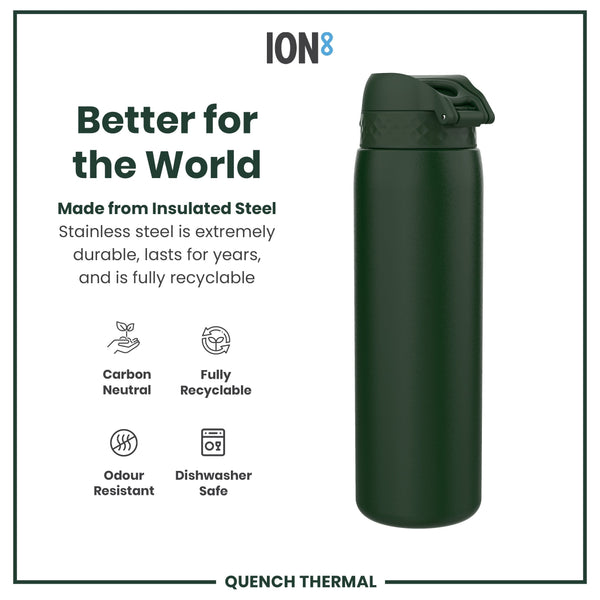 A dark-green insulated steel water bottle stands against a white background. It is made from recyclable, durable material. The bottle is described as carbon neutral, odour resistant, and dishwasher safe.