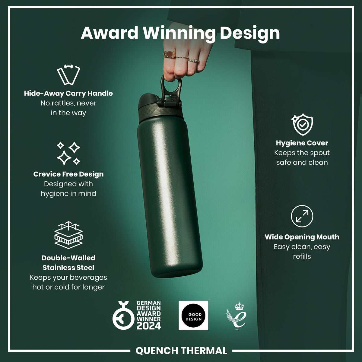A dark-green, double-walled stainless steel water bottle is being held; it features a hide-away handle and a wide mouth for easy cleaning. The bottle is award-winning, designed for hygiene, and keeps drinks hot or cold.