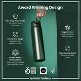 A dark-green, double-walled stainless steel water bottle is being held; it features a hide-away handle and a wide mouth for easy cleaning. The bottle is award-winning, designed for hygiene, and keeps drinks hot or cold.