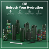 Several ION8 water bottles, in various sizes and designs, are displayed on a green surface. They are shown alongside accessories. Choose from 3 different materials, sizes to suit any user, hundreds of designs, and a wide range of accessories.
