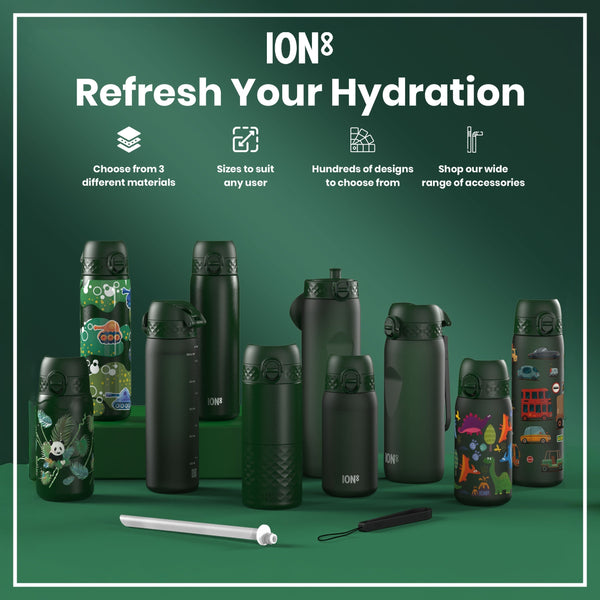 Several ION8 water bottles, in various sizes and designs, are displayed on a green surface. They are shown alongside accessories. Choose from 3 different materials, sizes to suit any user, hundreds of designs, and a wide range of accessories.