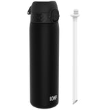 A black ION8 water bottle sits beside its detached white straw against a white background.