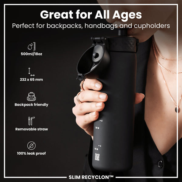 Recyclon Wasserflasche mit Trinkhalm, Schwarz, 500 ml