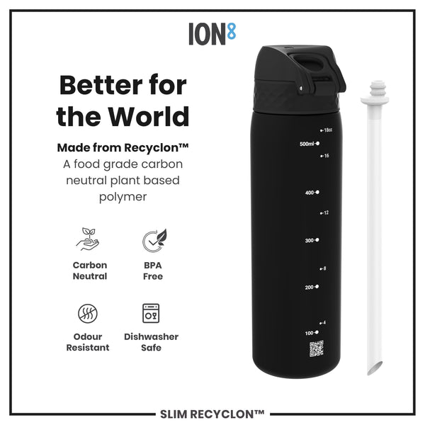 A black water bottle, sits on a white background, alongside a white straw. It's made from a plant-based polymer, is BPA free, dishwasher safe, and carbon neutral.