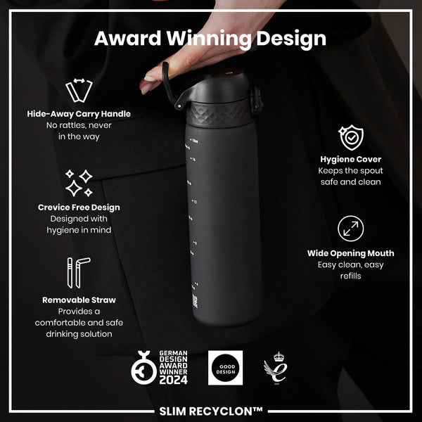 A dark-grey water bottle is being held; it has a handle and straw. The bottle features a wide mouth and hygiene cover. Awards and design details are shown on the accompanying advertisement.