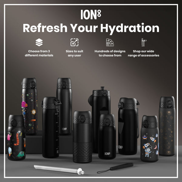 Several ION8 water bottles, in various sizes and designs, are displayed on a gray surface. Accessories are also shown. The text reads: "ION8 Refresh Your Hydration. Choose from 3 different materials. Sizes to suit any user. Hundreds of designs to choose from. Shop our wide range of accessories."