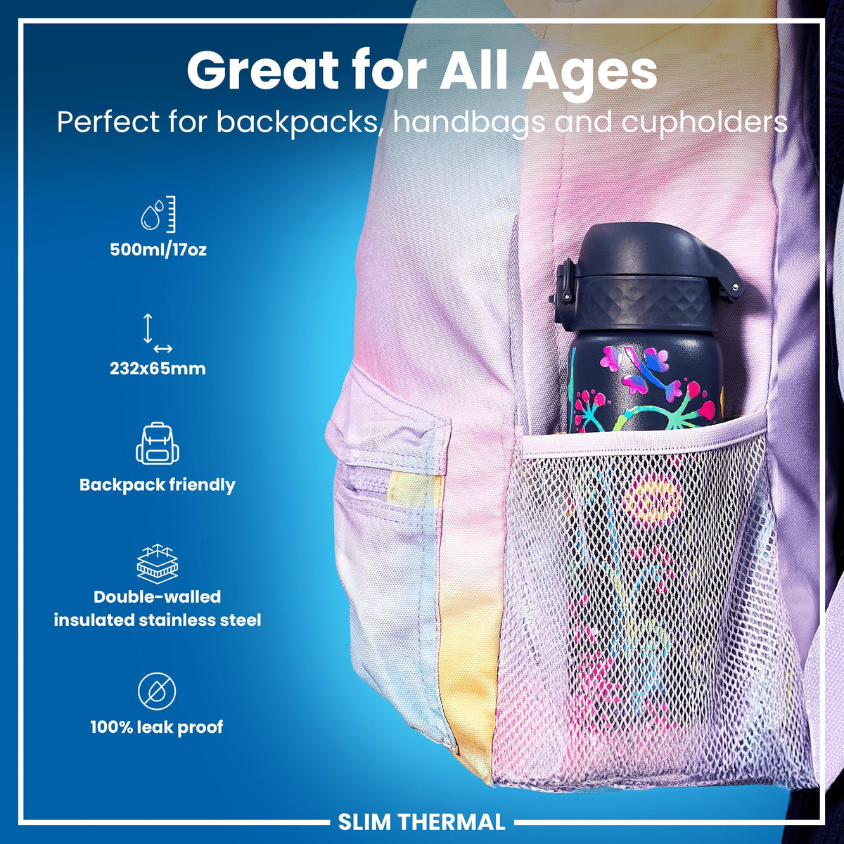 Isolierte Edelstahl-Wasserflasche, leuchtendes Blumenmuster, 500 ml