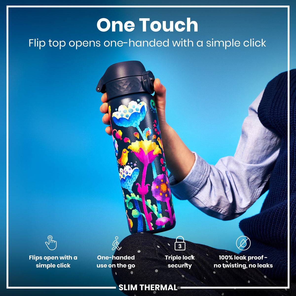 A colorful, slim thermal water bottle is held; its flip top opens one-handed. The bottle features a vibrant floral design against a dark background. The context is a promotional image highlighting the bottle's features.