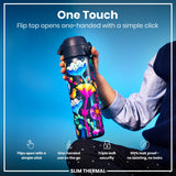 A colorful, slim thermal water bottle is held; its flip top opens one-handed. The bottle features a vibrant floral design against a dark background. The context is a promotional image highlighting the bottle's features.