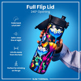 A colorful, floral-patterned water bottle is being held. Its flip lid opens 240 degrees. The bottle is advertised as “Slim Thermal”, perfect for on-the-go drinking.