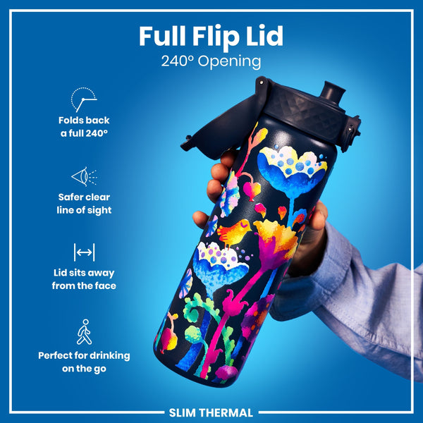 A colorful, floral-patterned water bottle is being held. Its flip lid opens 240 degrees. The bottle is advertised as “Slim Thermal”, perfect for on-the-go drinking.