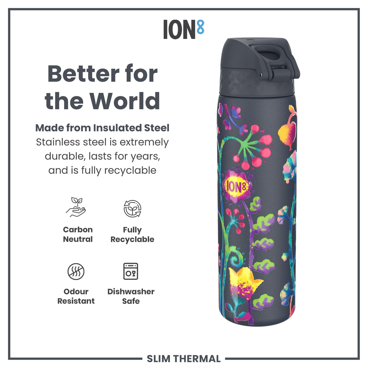 A dark-grey, floral-patterned insulated steel water bottle sits against a white background. The bottle is described as carbon neutral, fully recyclable, odour resistant and dishwasher safe.