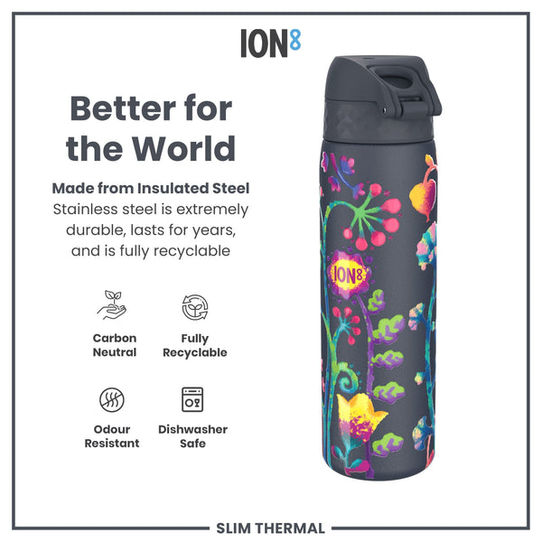 A dark-grey, floral-patterned insulated steel water bottle sits against a white background. The bottle is described as carbon neutral, fully recyclable, odour resistant and dishwasher safe.