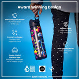 A person holds a double-walled stainless steel water bottle with a floral design; it features a hide-away handle and a wide mouth for easy cleaning. The bottle is advertised as an award-winning design.