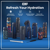 Several ION8 water bottles, in various sizes and designs, are displayed on a blue surface. They are shown alongside a straw and carrying strap. The background advertises material choices, sizes, designs, and accessories.