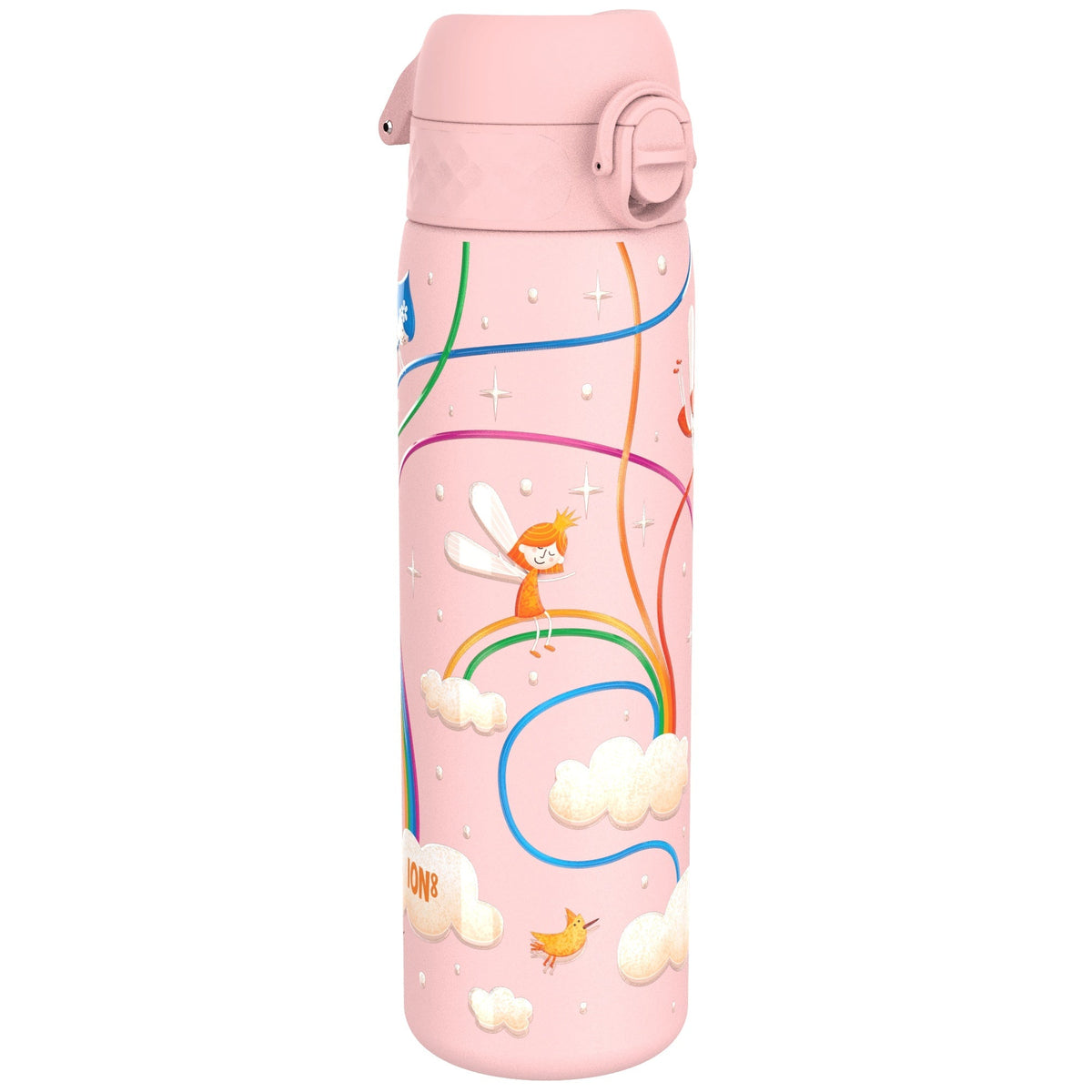 A pink water bottle, featuring a fairy on a rainbow and clouds, sits against a white background. ON8 is visible on the bottle.