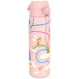 A pink water bottle, featuring a fairy on a rainbow and clouds, sits against a white background. ON8 is visible on the bottle.