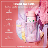 A pink, slim stainless steel water bottle fits inside a pastel backpack's mesh pocket. It's 600ml/20oz, 232 x 65 mm, backpack friendly, fits cup holders, and is 100% leak proof. Great for kids.
