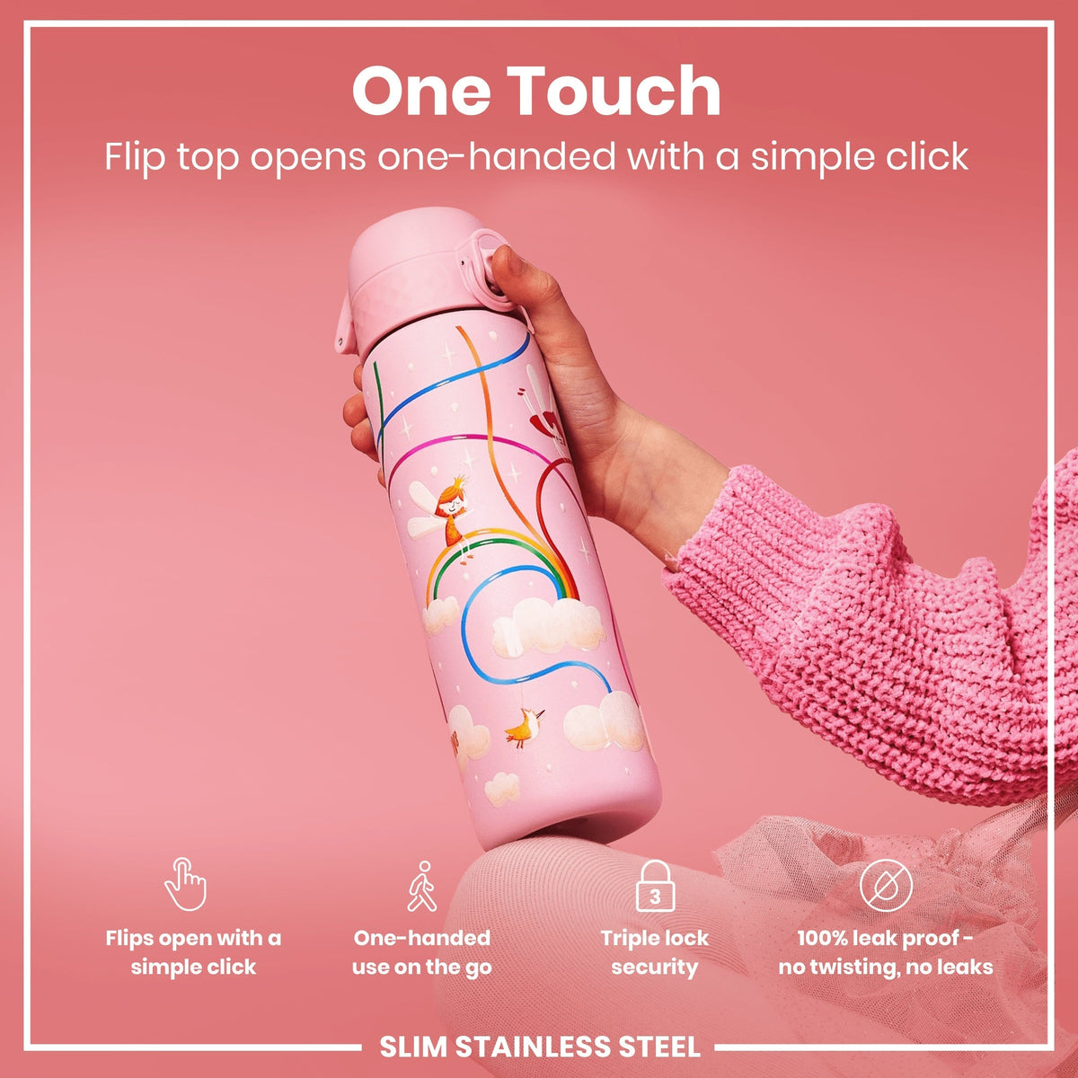 A pink water bottle, featuring a fairy design, is held; its flip top opens with a single click. The bottle is slim and made of stainless steel.
