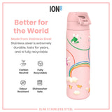 A pink, stainless steel water bottle, featuring a whimsical fairy design, sits against a white background. The bottle is described as carbon neutral, fully recyclable, odour resistant, and dishwasher safe.