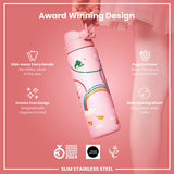 A pink, illustrated water bottle is being held; it features a hide-away handle, crevice-free design, and wide mouth. The bottle is an award-winning design, made of slim stainless steel.