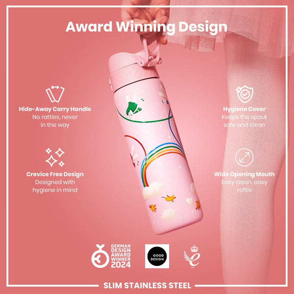 A pink, illustrated water bottle is being held; it features a hide-away handle, crevice-free design, and wide mouth. The bottle is an award-winning design, made of slim stainless steel.