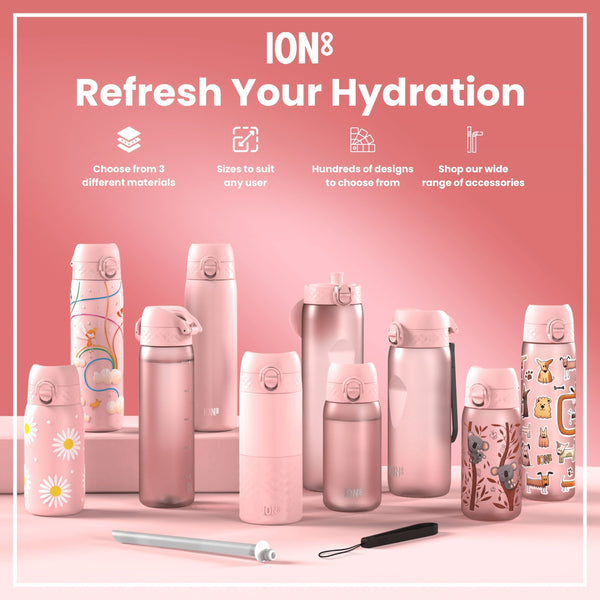 Several pink ION8 water bottles, varying in size and design, are displayed on a pink surface. Accessories are also shown. Refresh Your Hydration.