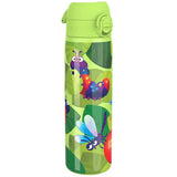 A green water bottle, featuring cartoon insects, stands upright against a white background.