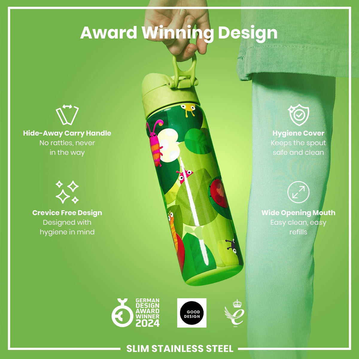A child's water bottle, featuring a carrying handle and insect illustrations, is being held against a green background. The bottle is described as award-winning, with a crevice-free design and a wide opening. The text also mentions a hide-away handle and hygiene cover.